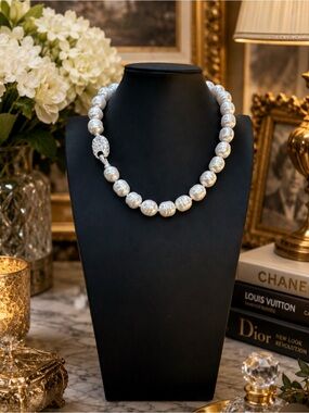 MAJORICA Vintage White Baroque Pearl Necklace with Crystal Pavé Rhinestone Clasp